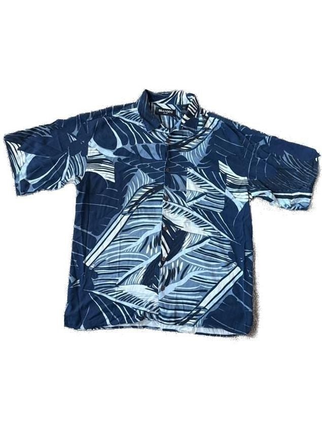 Brandini Pure Silk Navy Blue Tropical Leaf Print Short Sleeve Hawaiian Shirt XL 2