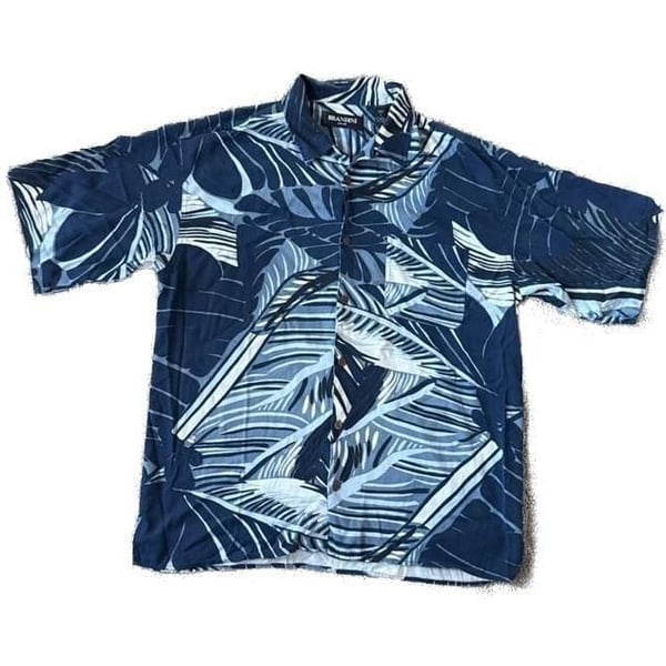 Brandini Pure Silk Navy Blue Tropical Leaf Print Short Sleeve Hawaiian Shirt XL