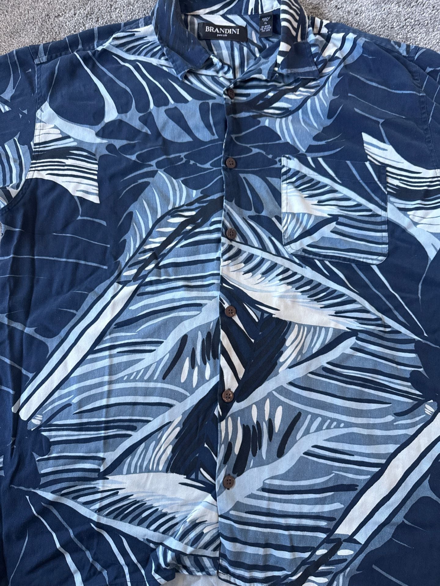 Brandini Pure Silk Navy Blue Tropical Leaf Print Short Sleeve Hawaiian Shirt XL 7