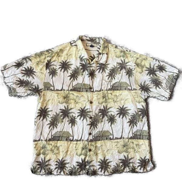Tommy Bahama Men's XL Vintage 100% Silk Tropical Hut Palm Tree Hawaiian Shirt