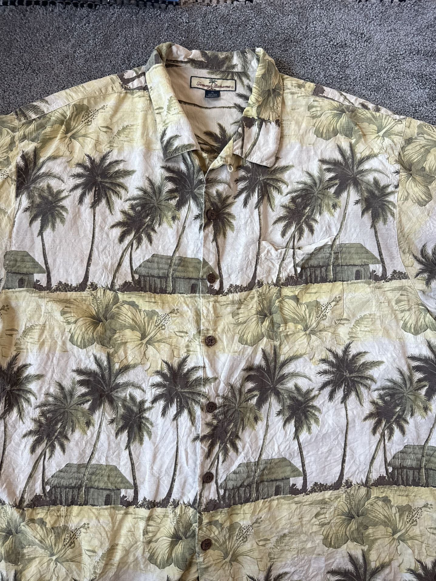 Tommy Bahama Men's XL Vintage 100% Silk Tropical Hut Palm Tree Hawaiian Shirt 7
