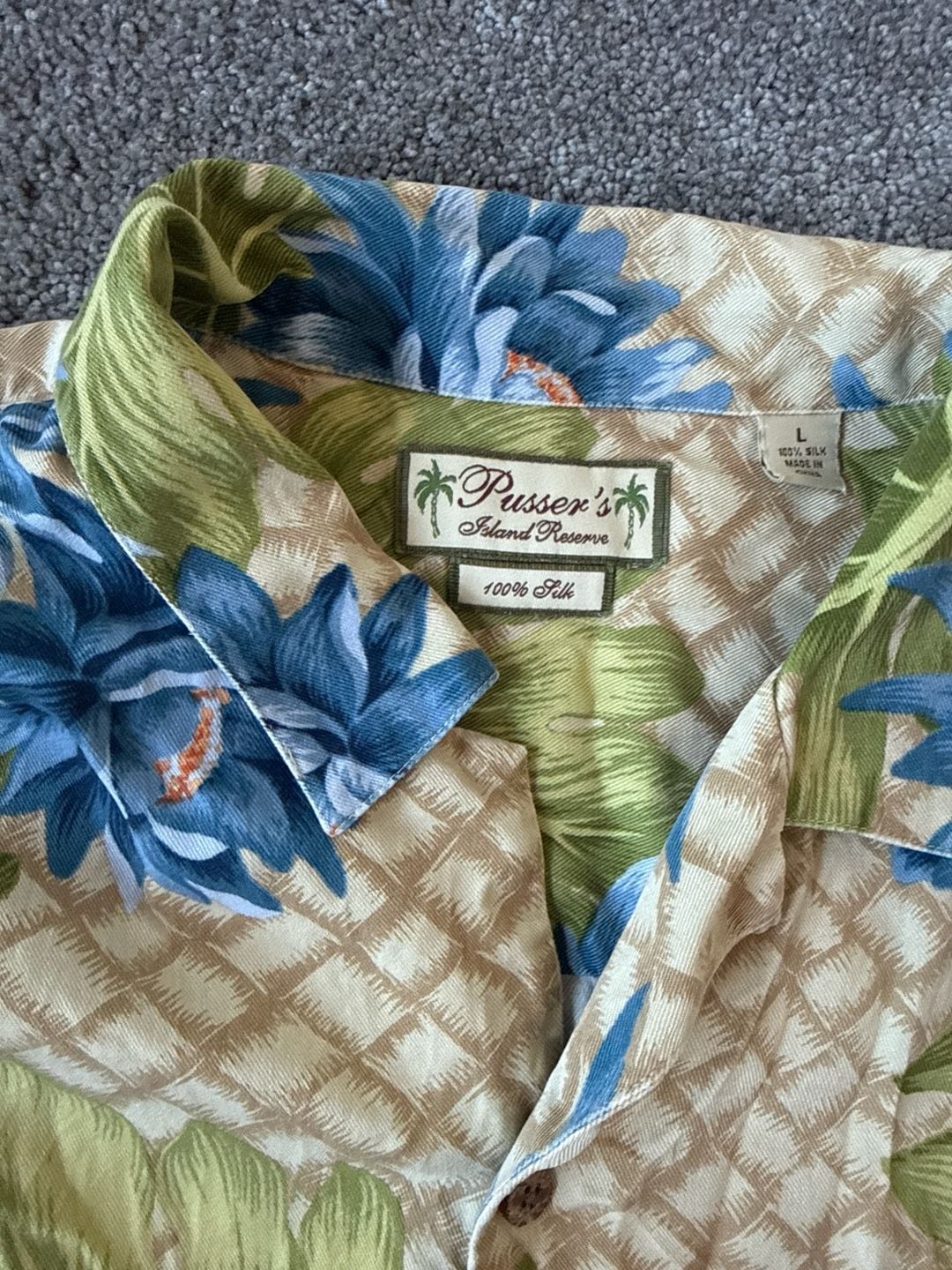Pusser's Island Reserve 100% Silk Hawaiian Shirt Blue Floral & Monstera Leaf Size Large 4