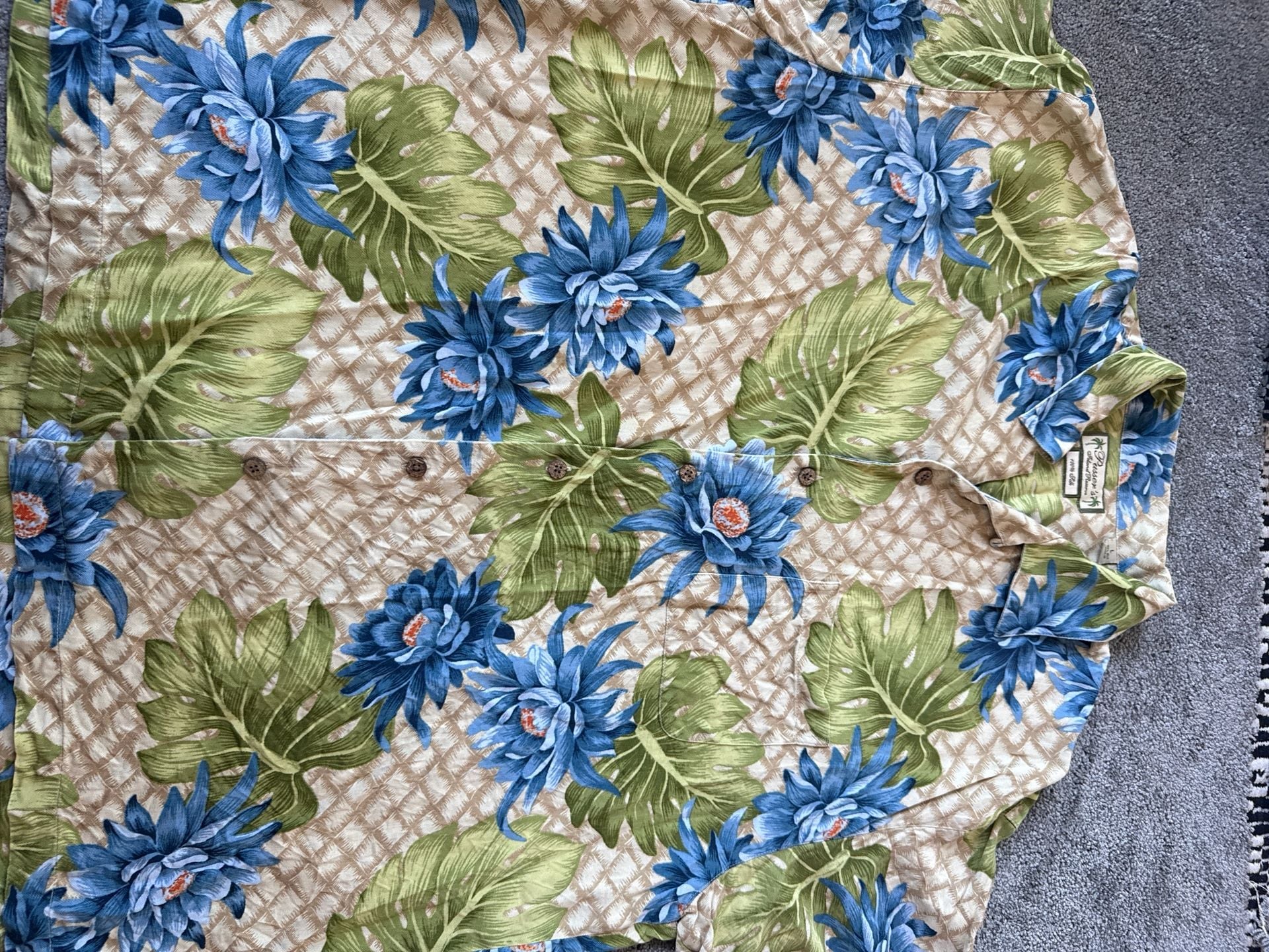 Pusser's Island Reserve 100% Silk Hawaiian Shirt Blue Floral & Monstera Leaf Size Large 10