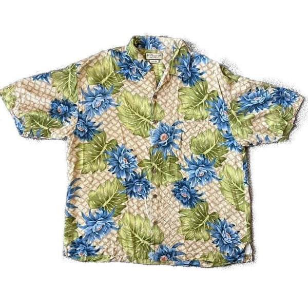 Pusser's Island Reserve 100% Silk Hawaiian Shirt Blue Floral & Monstera Leaf Size Large