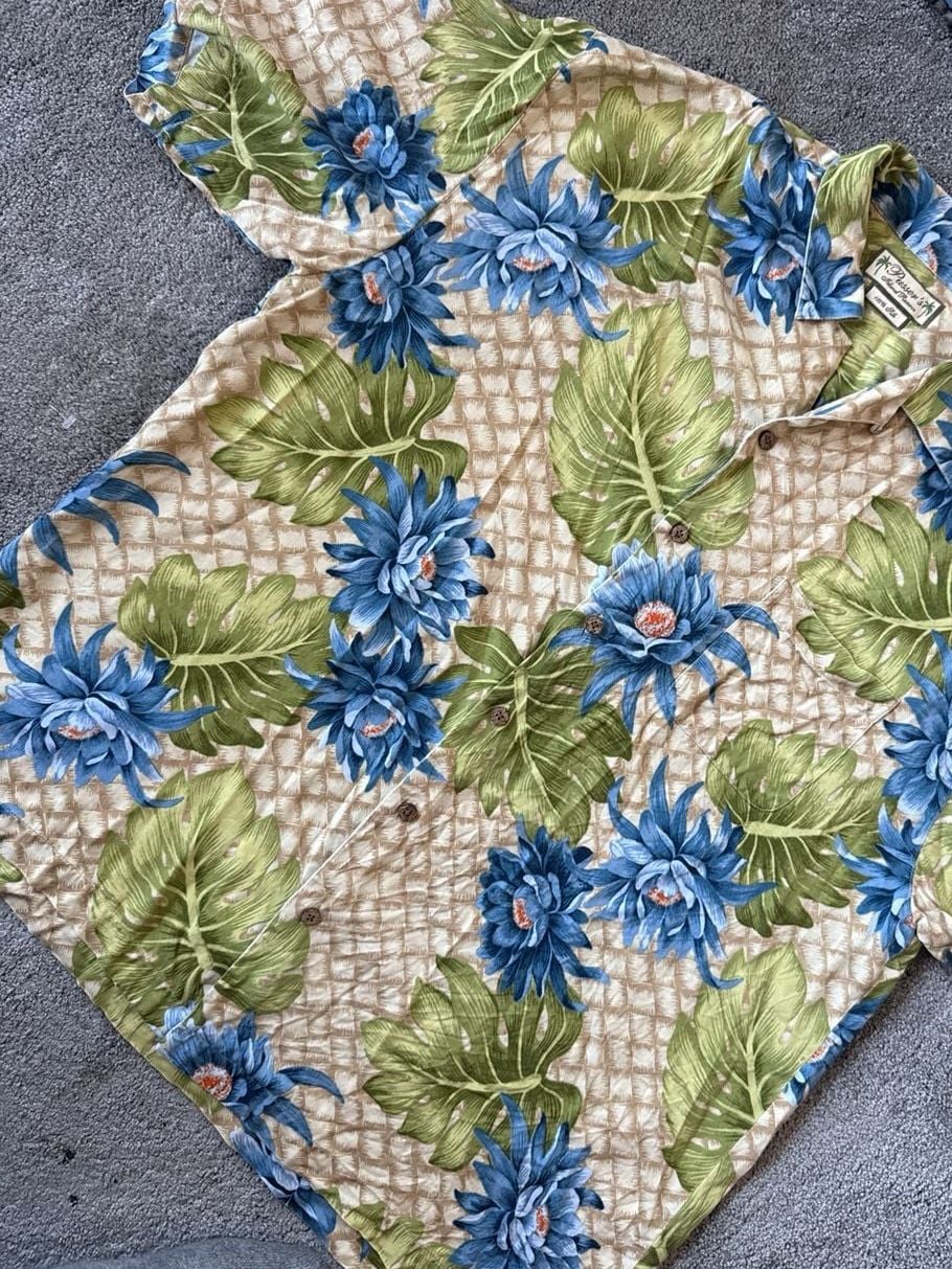 Pusser's Island Reserve 100% Silk Hawaiian Shirt Blue Floral & Monstera Leaf Size Large 3