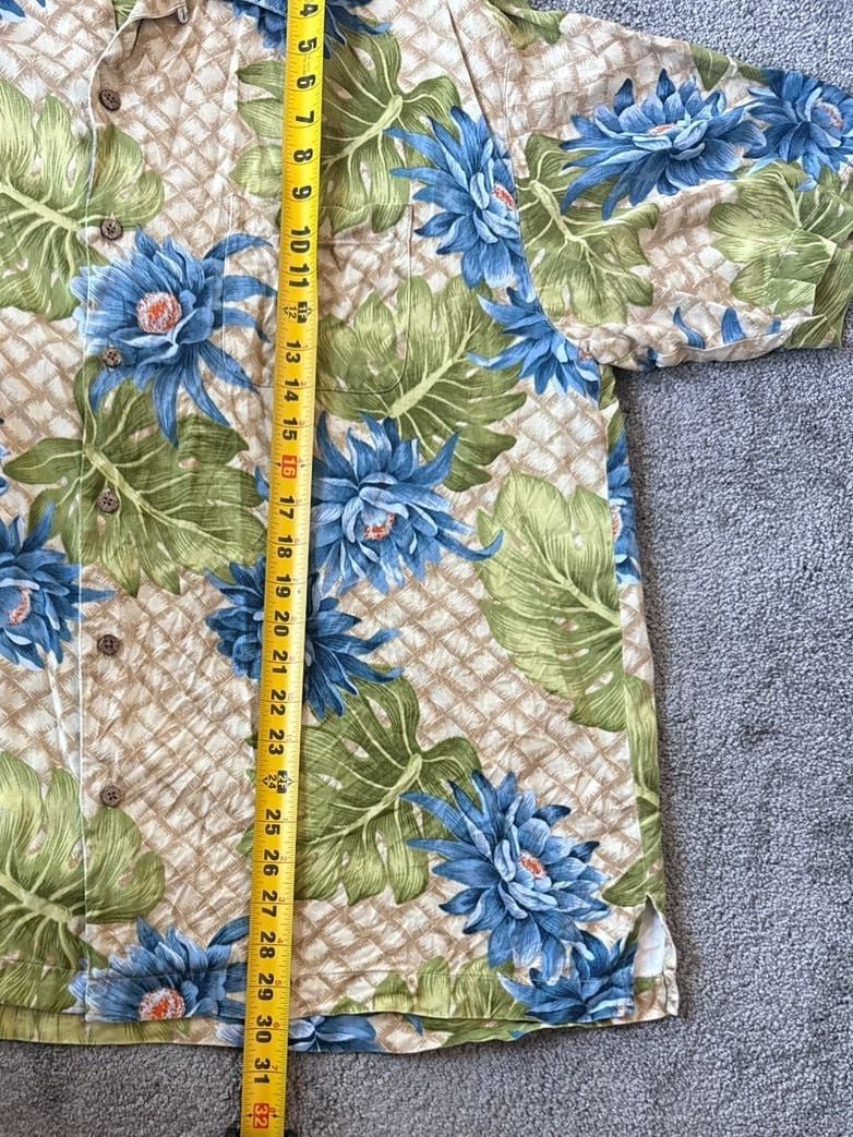 Pusser's Island Reserve 100% Silk Hawaiian Shirt Blue Floral & Monstera Leaf Size Large 8