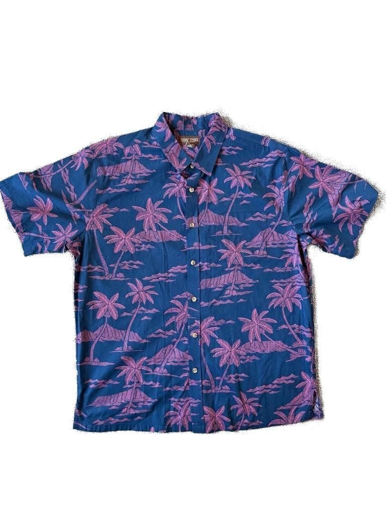 Vintage Cooke Street Hawaiian Islands Men's XL Navy Pink Palm Tree Cotton Aloha Shirt 2