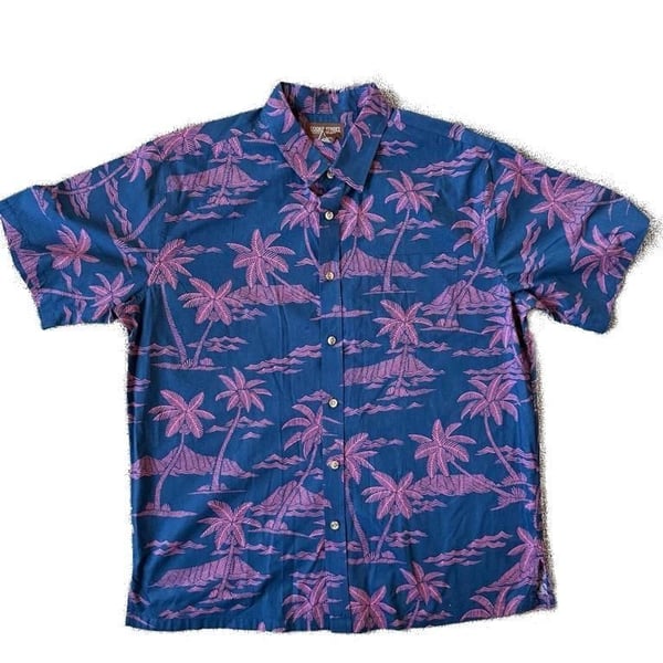 Vintage Cooke Street Hawaiian Islands Men's XL Navy Pink Palm Tree Cotton Aloha Shirt