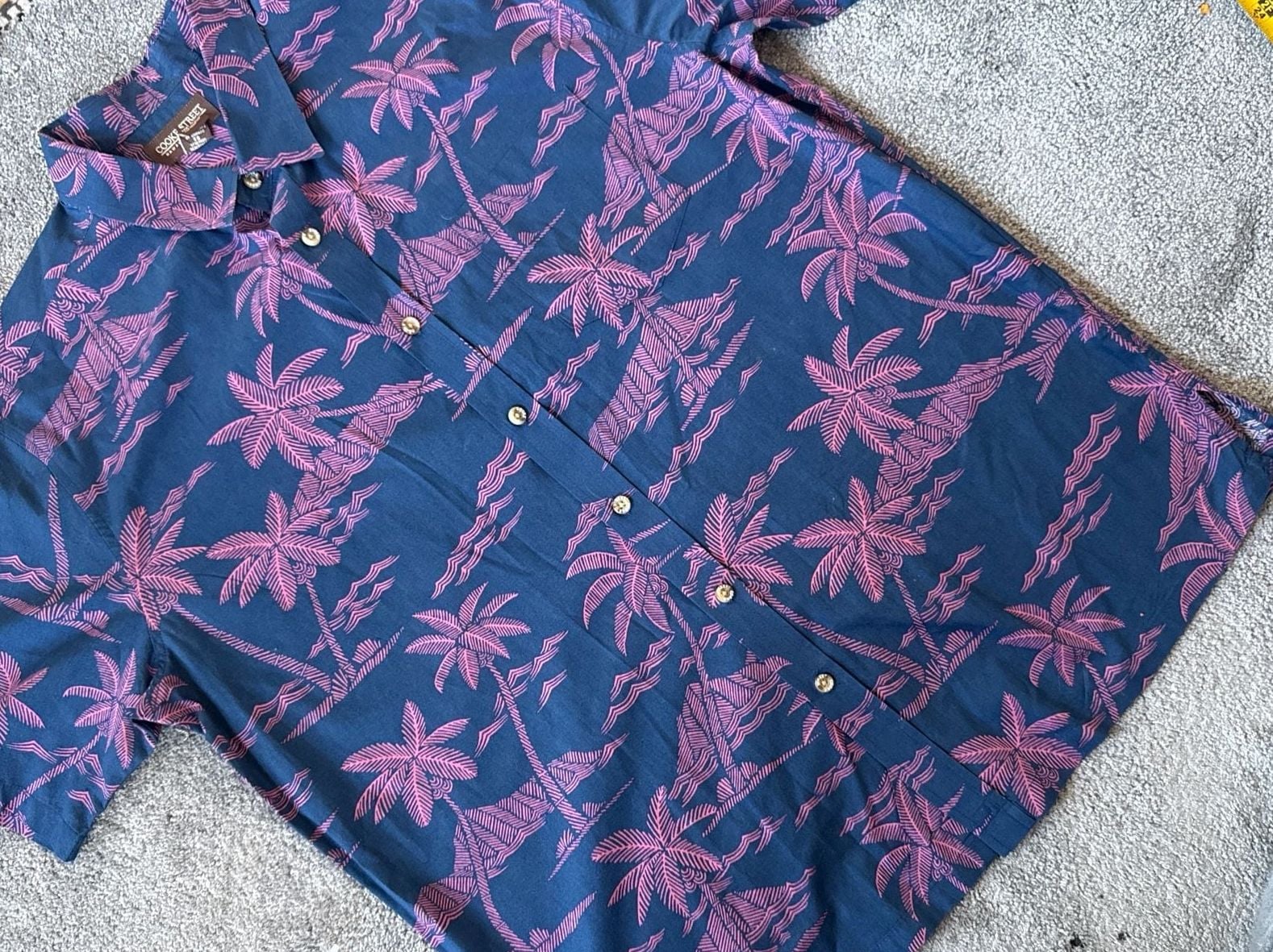 Vintage Cooke Street Hawaiian Islands Men's XL Navy Pink Palm Tree Cotton Aloha Shirt 3
