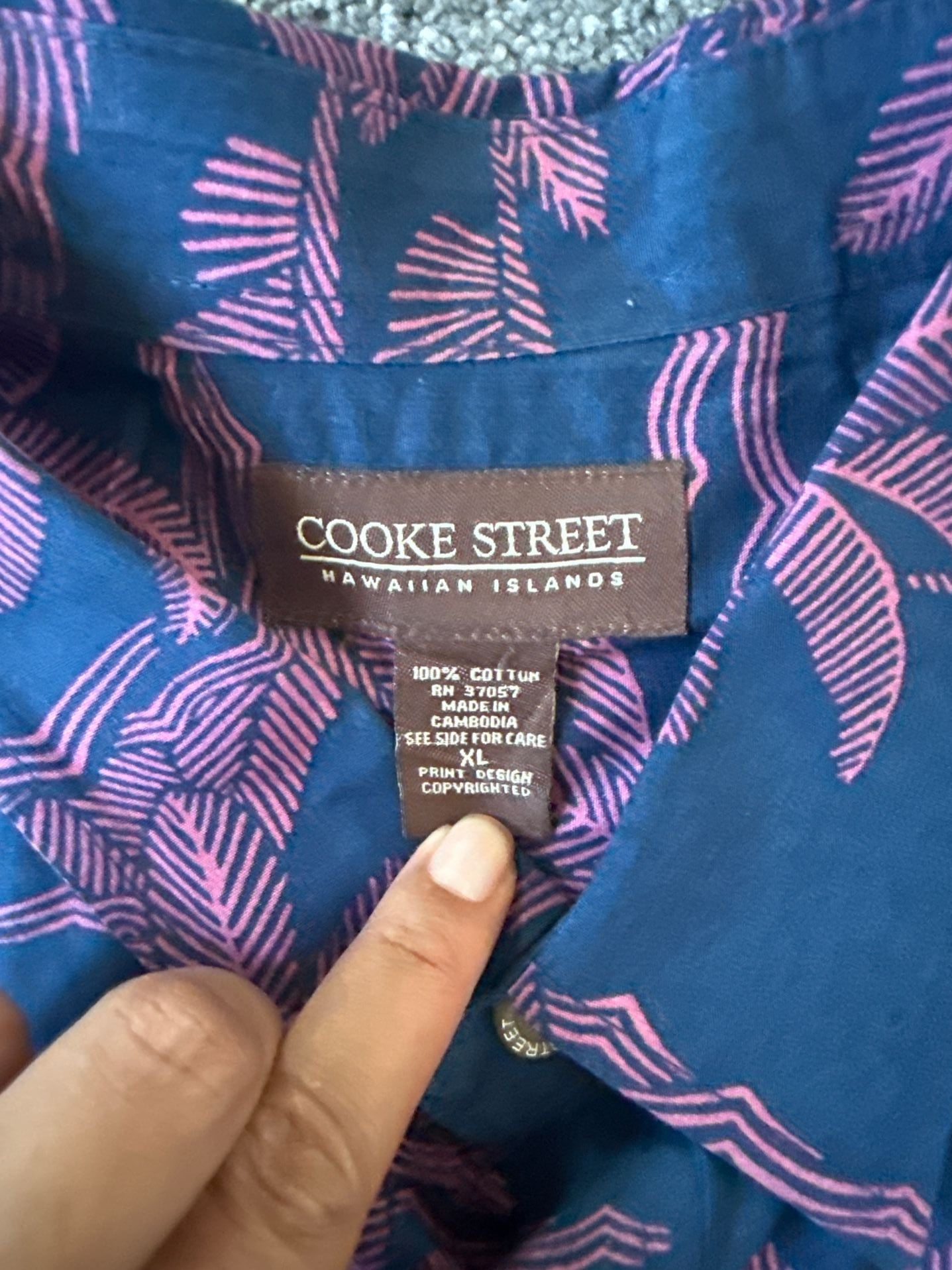 Vintage Cooke Street Hawaiian Islands Men's XL Navy Pink Palm Tree Cotton Aloha Shirt 4