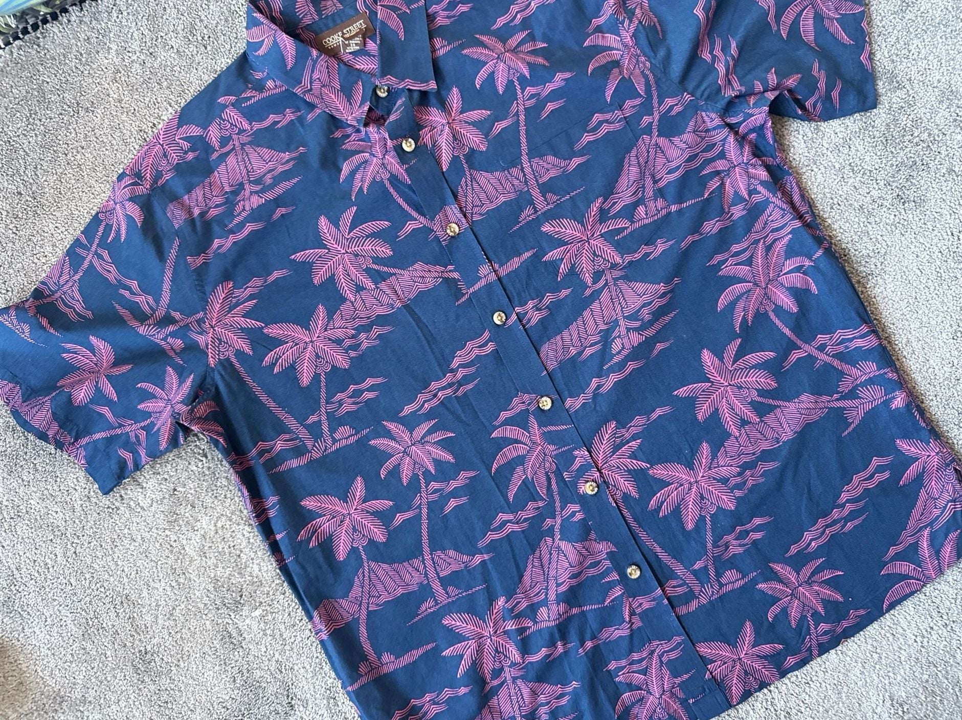 Vintage Cooke Street Hawaiian Islands Men's XL Navy Pink Palm Tree Cotton Aloha Shirt 9