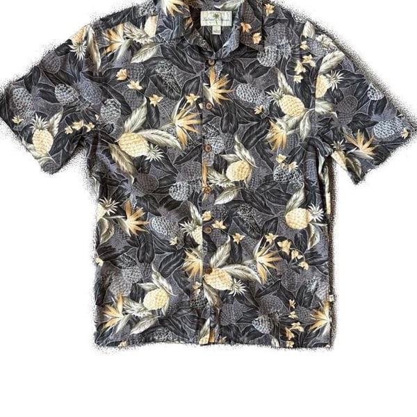 Vintage Island Shores Men's Short Sleeve Pineapple and Tropical Floral Button Up Shirt Cotton Small