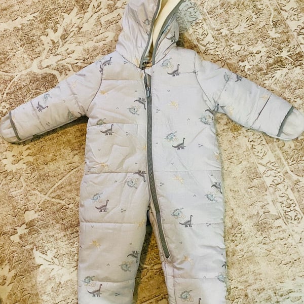 Carter's Baby Toddler Gray Dinosaur Hooded Fleece-Lined Snowsuit Pram 24M