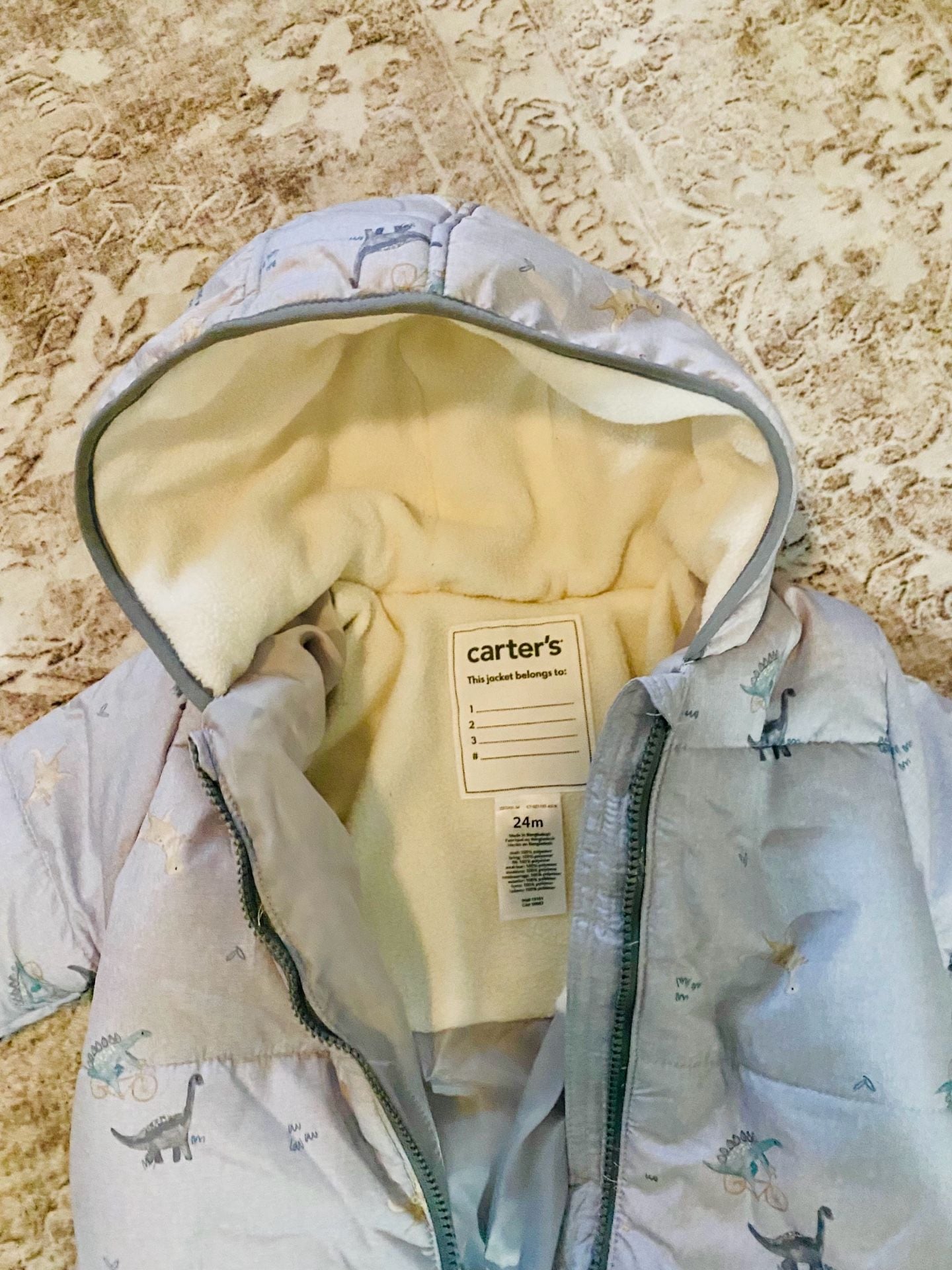 Carter's Baby Toddler Gray Dinosaur Hooded Fleece-Lined Snowsuit Pram 24M 4