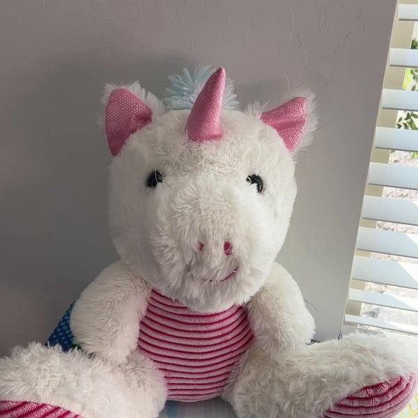 White Plush Unicorn with Pink Ribbed Tummy
