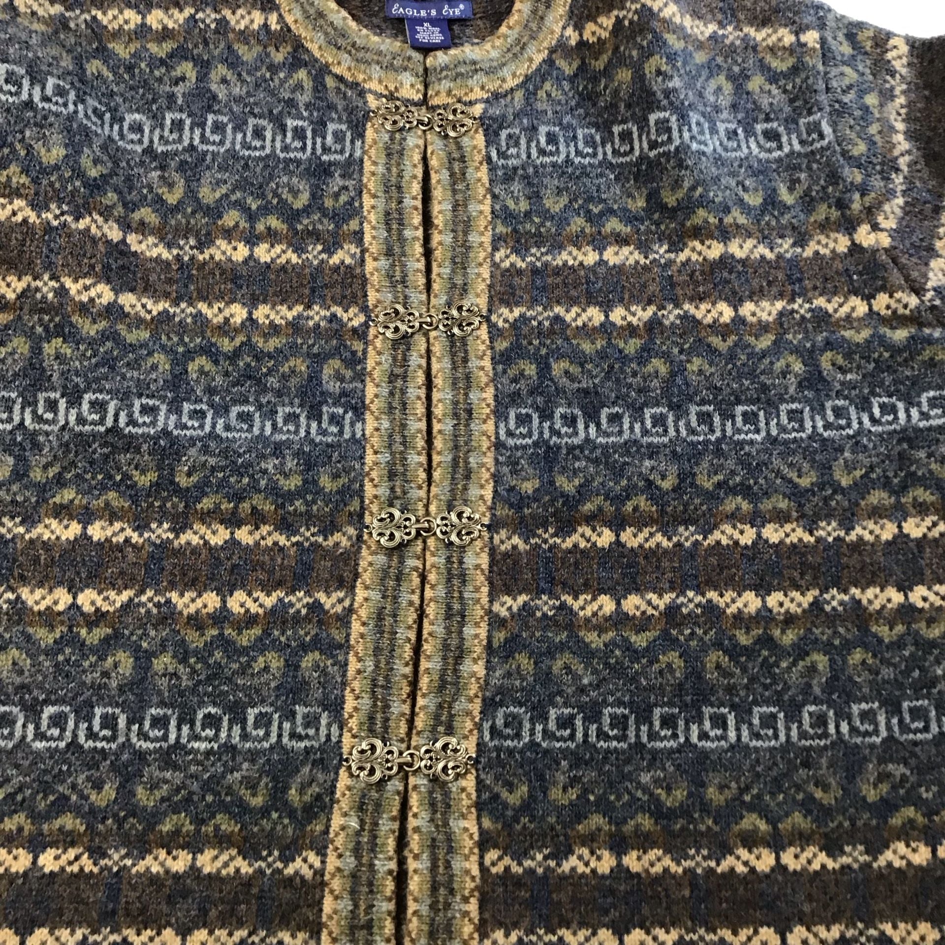 Eagle's Eye 100% Wool Nordic Cardigan with Pewter Clasps XL Vintage Cottagecore 8