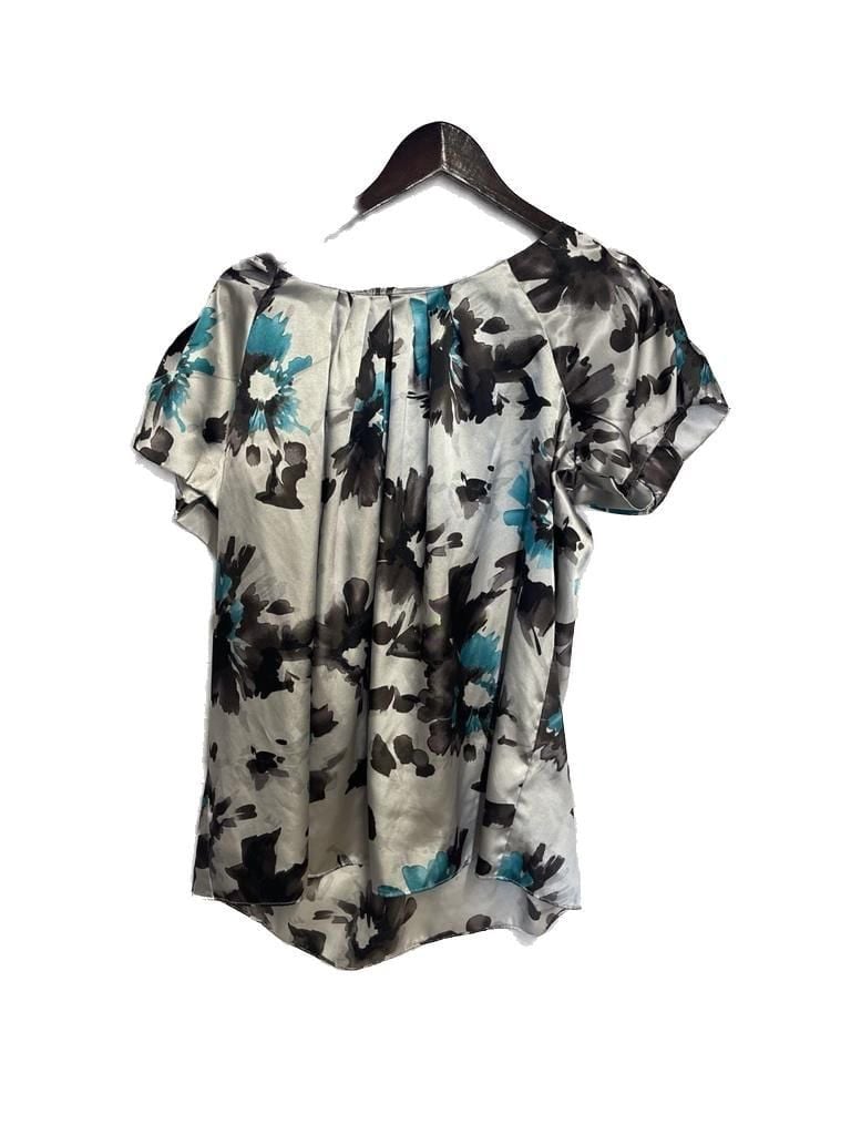 Metro 7 Floral Print Satin Short Sleeve Pleated Blouse 2
