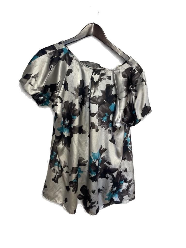 Metro 7 Floral Print Satin Short Sleeve Pleated Blouse 3