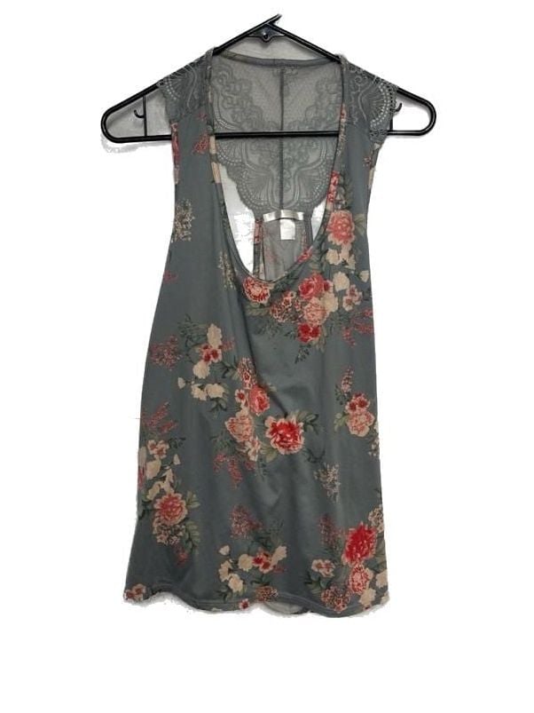 Flora by Flora Nikrooz Women's Grey Floral Lace Back Sleeveless Sleep Tank Top Plus Size 2X 2