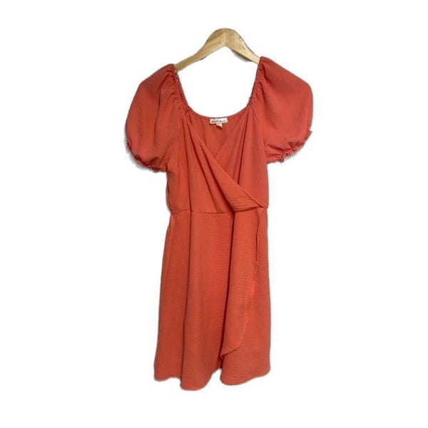 Derek Heart Coral Pink Puff Sleeve Faux Wrap Mini Dress
