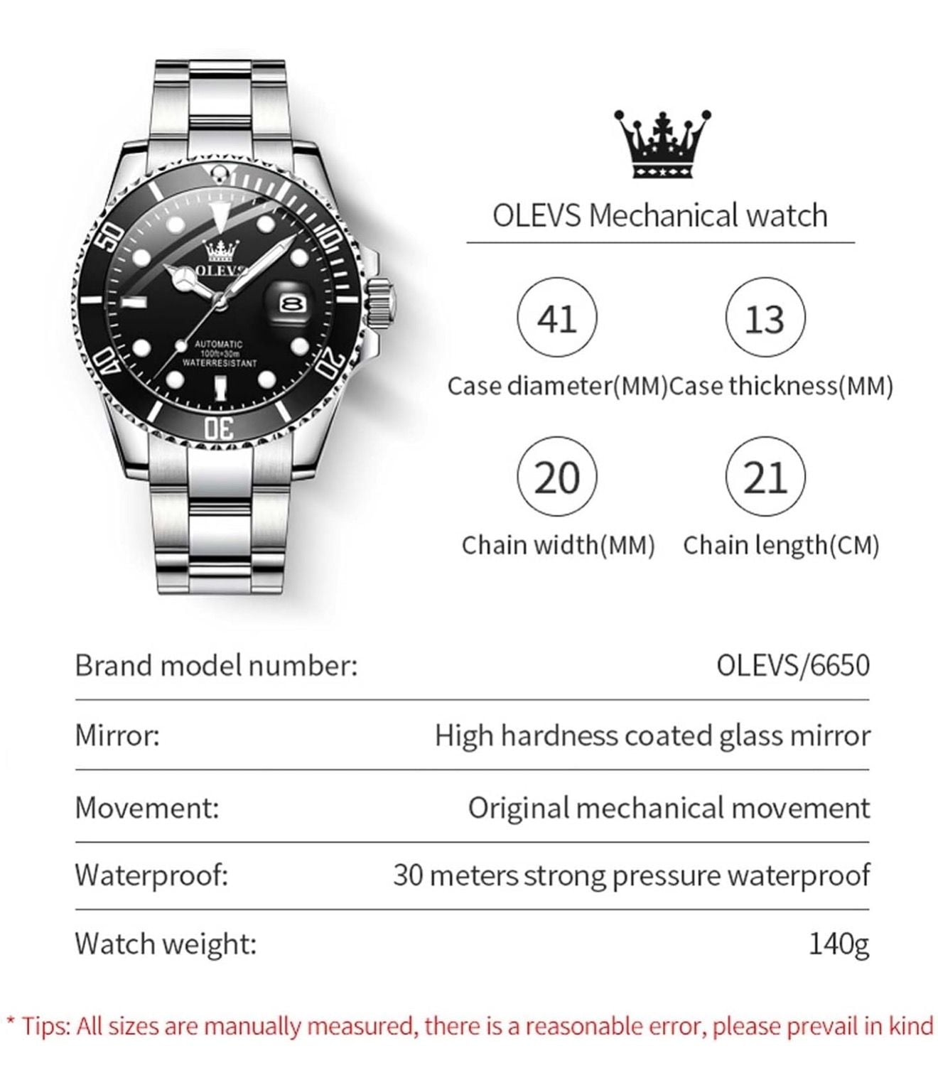 OLEVS 6650 Men's Automatic Stainless Steel Mechanical Watch Black Dial 3