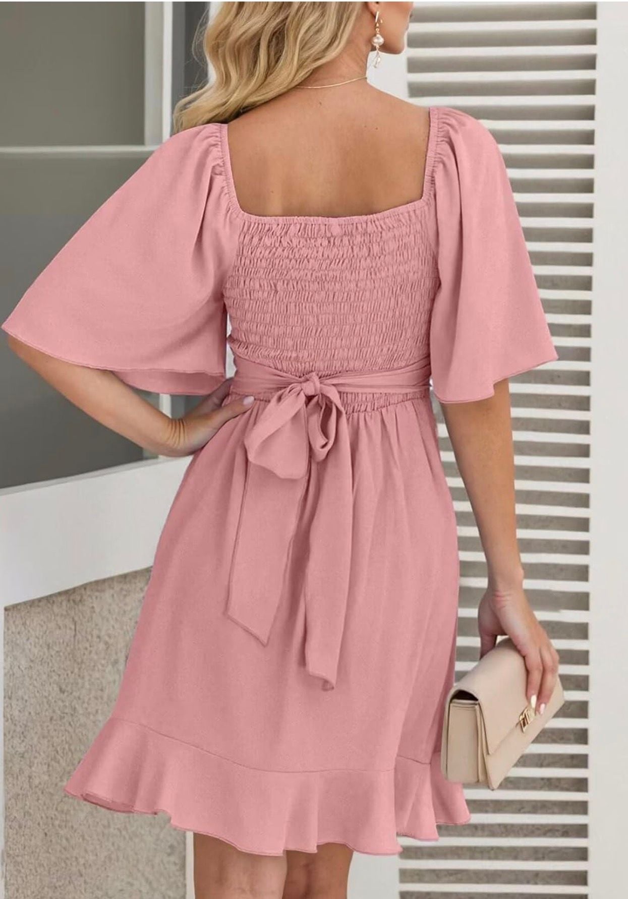 Dokotoo Women's V-Neck Flutter Sleeve Smocked Back Ruffle Wrap Mini Dress 6