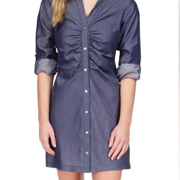 Michael Michael Kors Ruched Front Denim Lyocell Shirtdress in Indigo Rinse