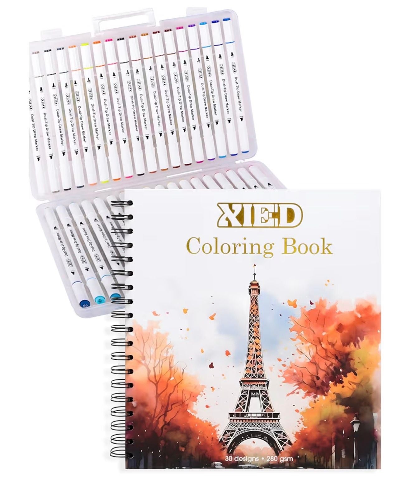 XIED 36-Piece Dual-Tip Alcohol Marker Set with 280 GSM Spiral Coloring Book 1