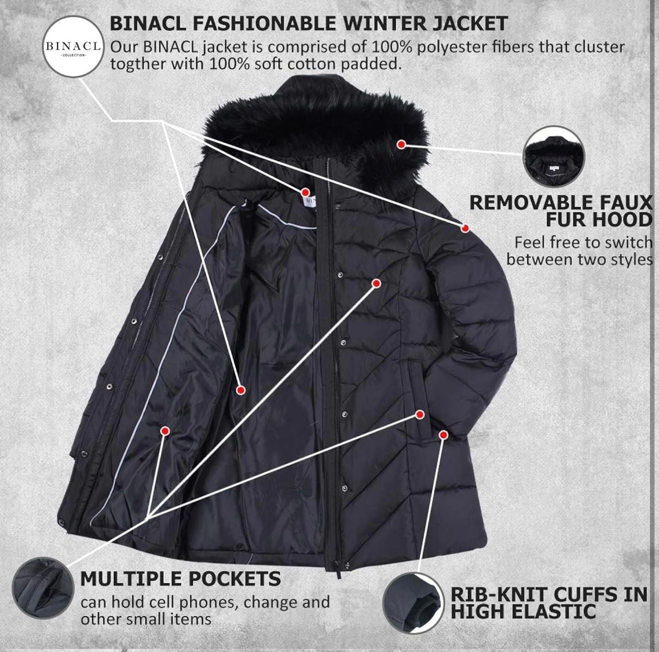 BINACL Women's Winter Warm Thicken Long Parka Jacket with Removable Faux Fur Hood 6