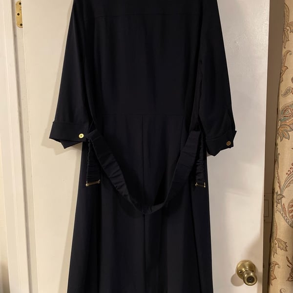 Studio 1 Navy Blue Button-Front Belted Midi Shirt Dress with Gold Hardware