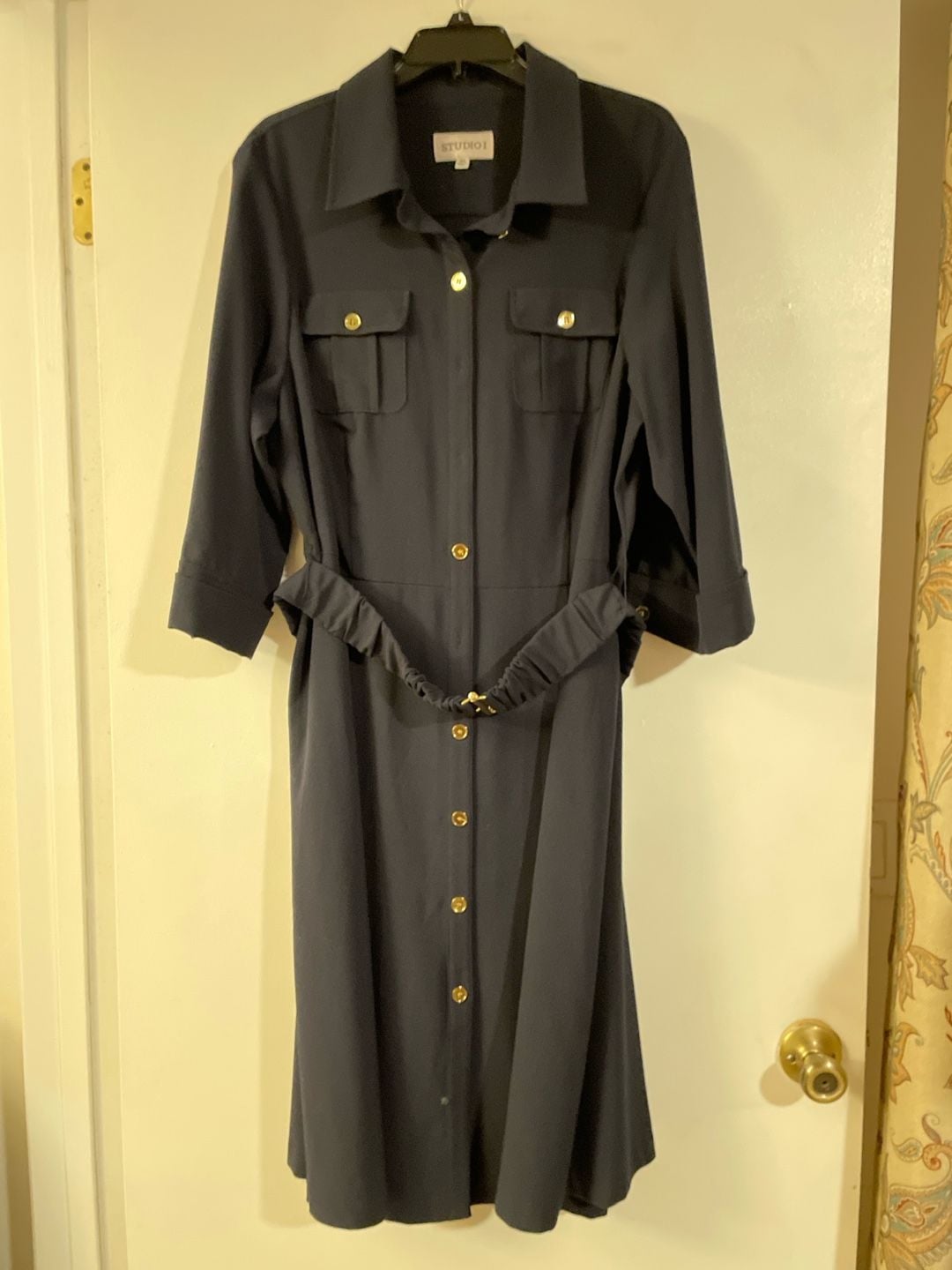 Studio 1 Navy Blue Button-Front Belted Midi Shirt Dress with Gold Hardware 3