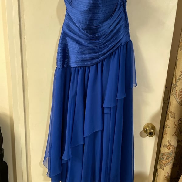 Vintage Morton Myles for The Warrens Royal Blue Strapless Chiffon Ruffle Gown