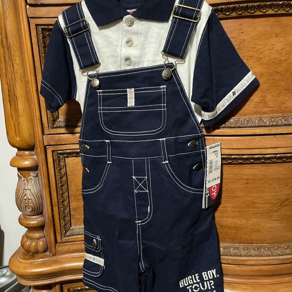 Vintage Bugle Boy Tour Toddler 3T 2-Piece Navy Blue Shortall Overalls and Polo Shirt Set NWT
