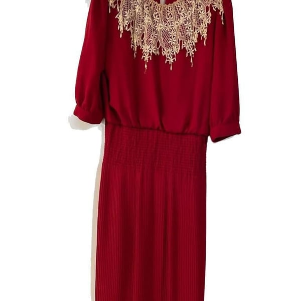 Vintage 80s Nilani Red Accordion Pleat Midi Dress with White Crochet Lace Bib Collar