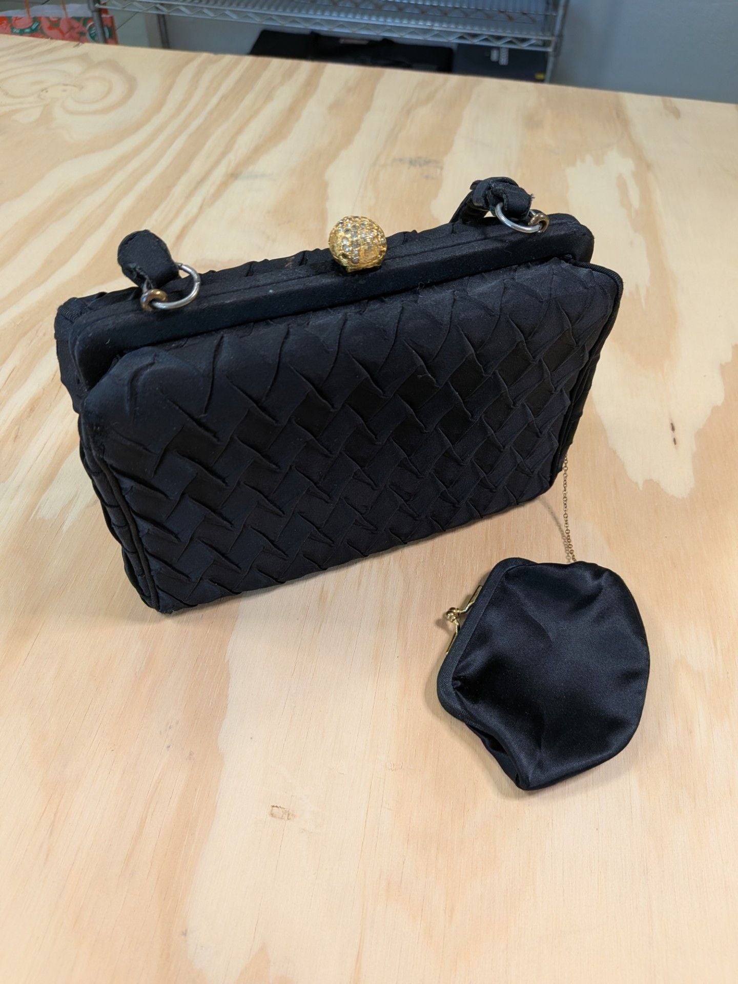 Vintage Arnold's Chicago Black Satin Evening Bag with Rhinestone Clasp 2