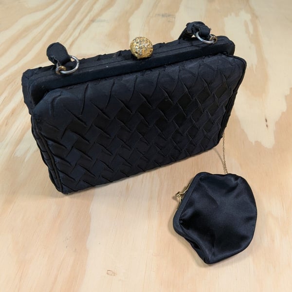 Vintage Arnold's Chicago Black Satin Evening Bag with Rhinestone Clasp
