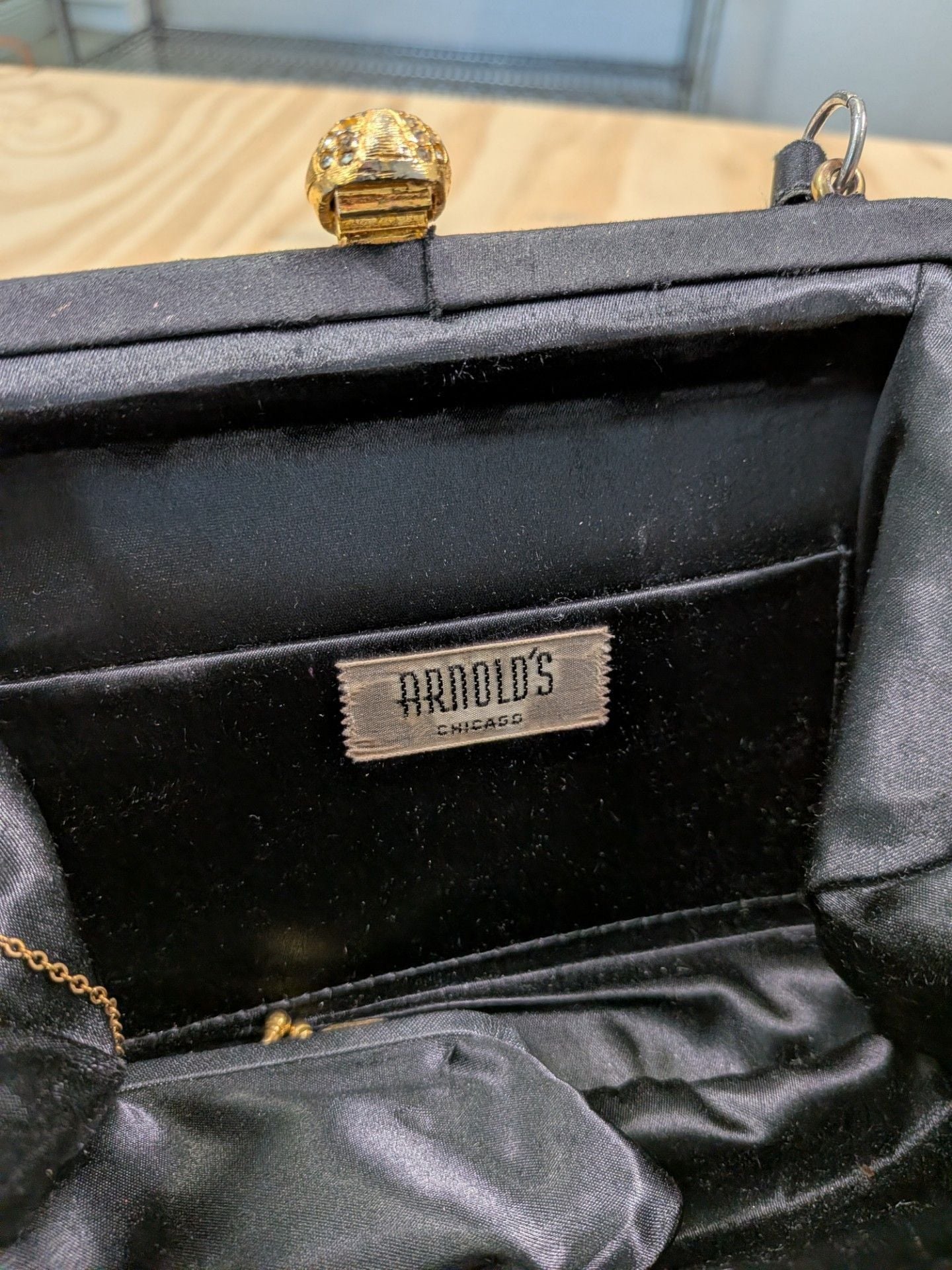 Vintage Arnold's Chicago Black Satin Evening Bag with Rhinestone Clasp 4