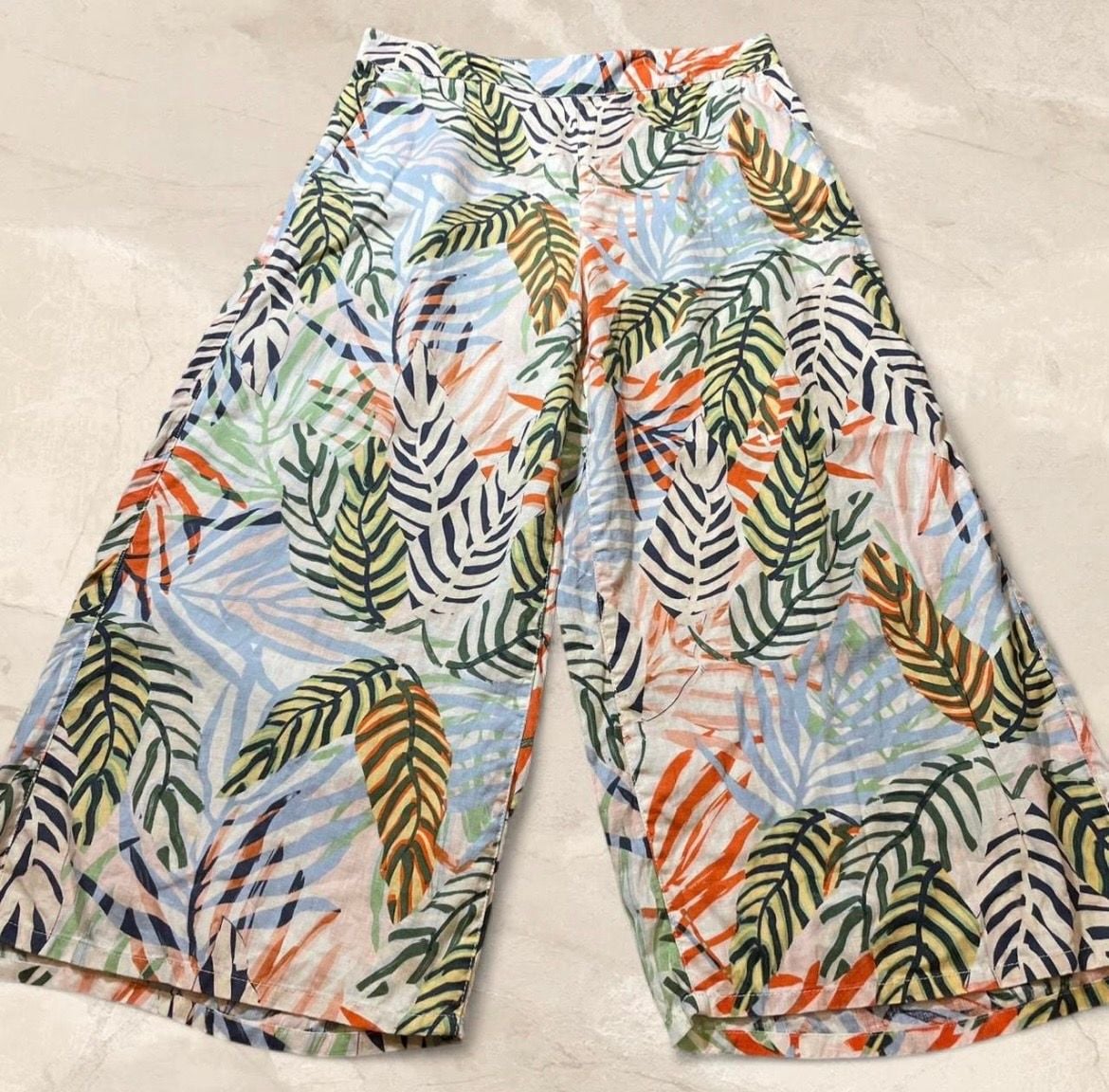 Tahari Cruise Linen Tropical Leaf Print Wide Leg Cropped Pants XL 2