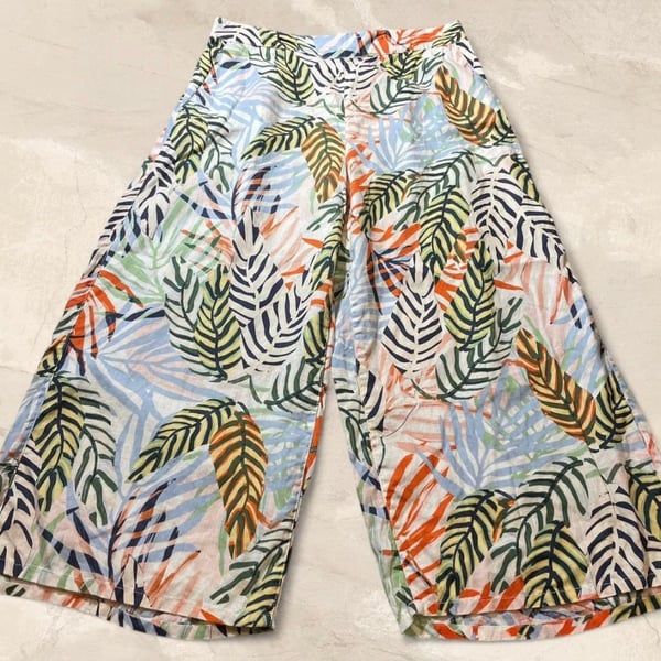 Tahari Cruise Linen Tropical Leaf Print Wide Leg Cropped Pants XL