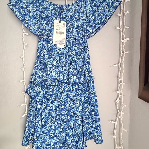 ZARA Blue Floral Off-the-Shoulder Ruffle Tired Short Jumpsuit Romper