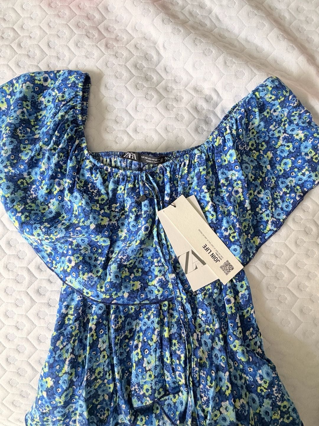 ZARA Blue Floral Off-the-Shoulder Ruffle Tired Short Jumpsuit Romper 9