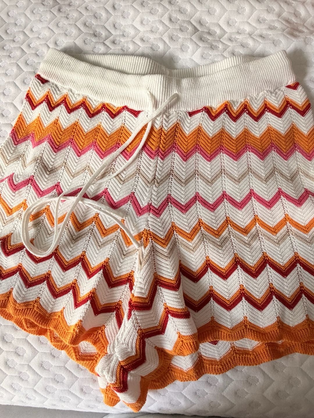 Runaway The Label Albie Chevron Crochet Knit Drawstring Shorts in Orange Multi 15