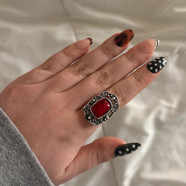 Red Stone Silver Tone Filigree Ring