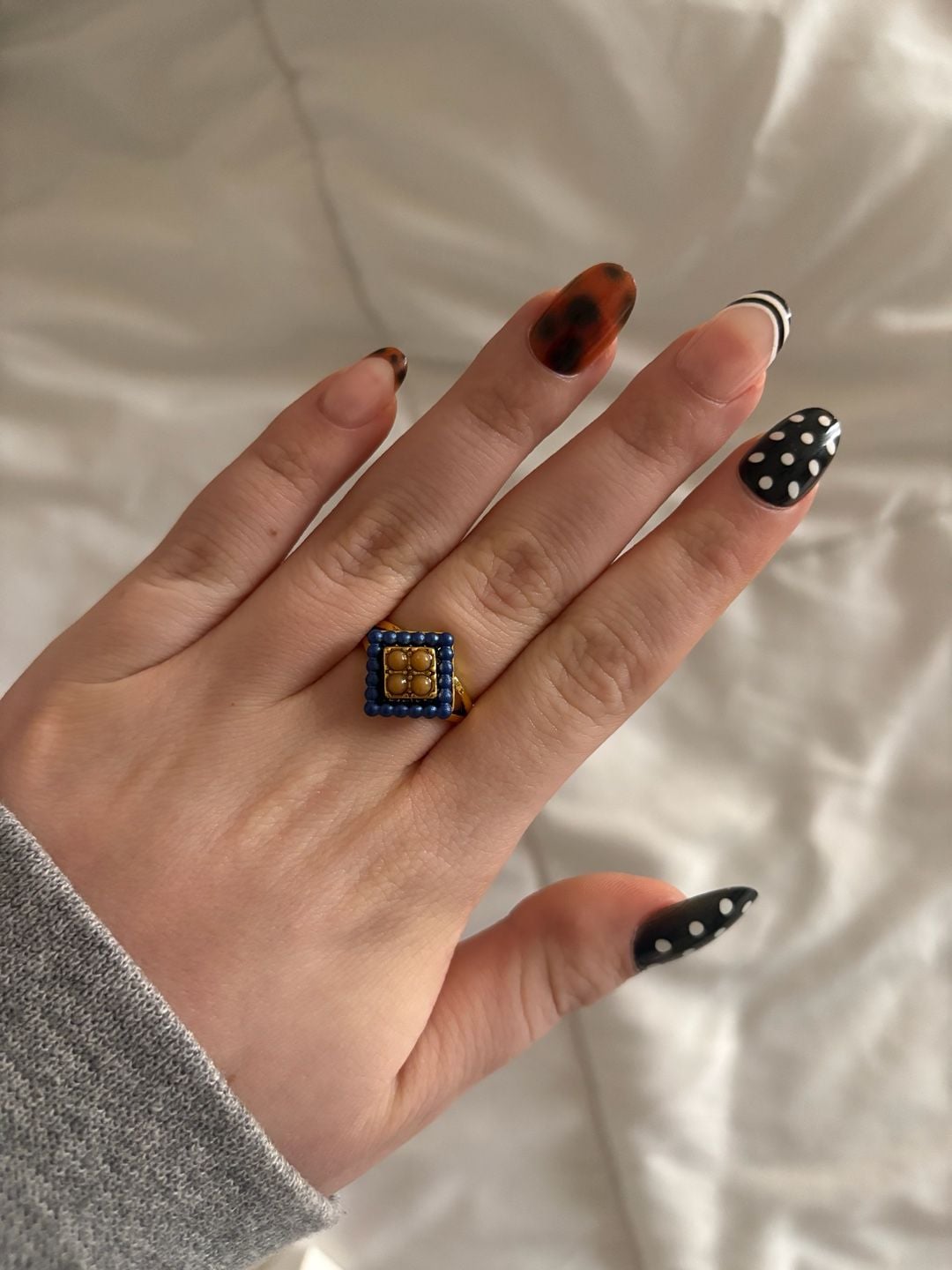 Gold Tone Square Ring with Blue and Amber Bead Detail 2
