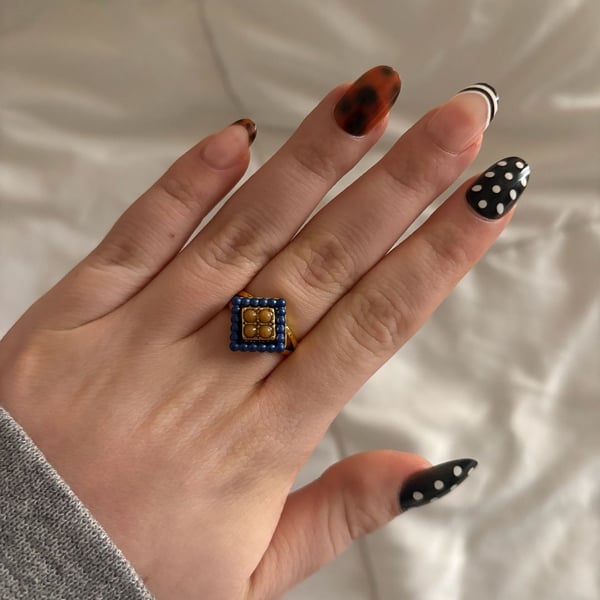 Gold Tone Square Ring with Blue and Amber Bead Detail
