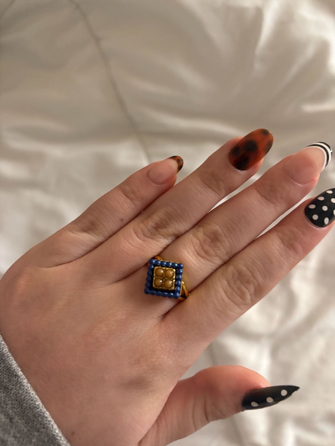 Gold Tone Square Ring with Blue and Amber Bead Detail 3