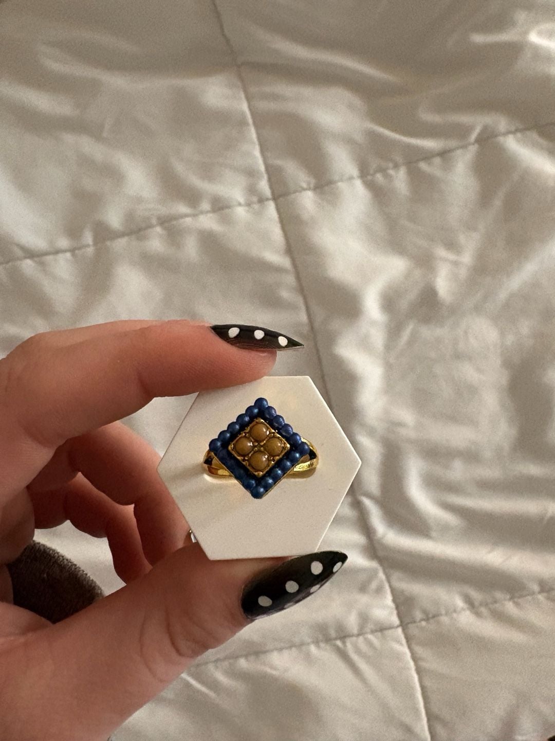 Gold Tone Square Ring with Blue and Amber Bead Detail 4