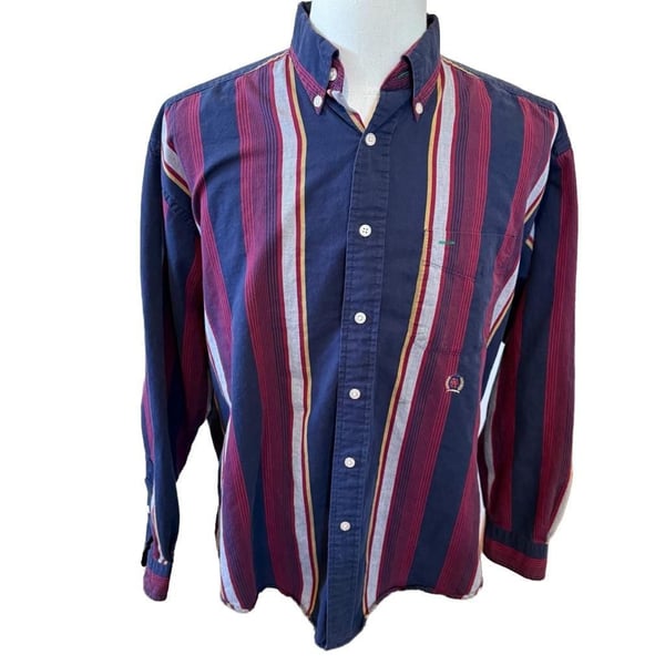 Vintage 90s Tommy Hilfiger Crest Logo Striped Button Down Shirt Men's Large
