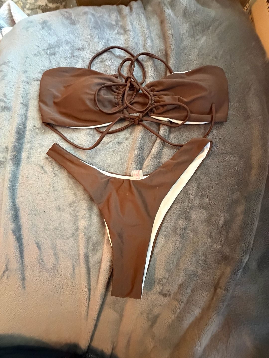 Romwe Women's Brown Strapless Bandeau Lace Up High Cut Bikini Set 1