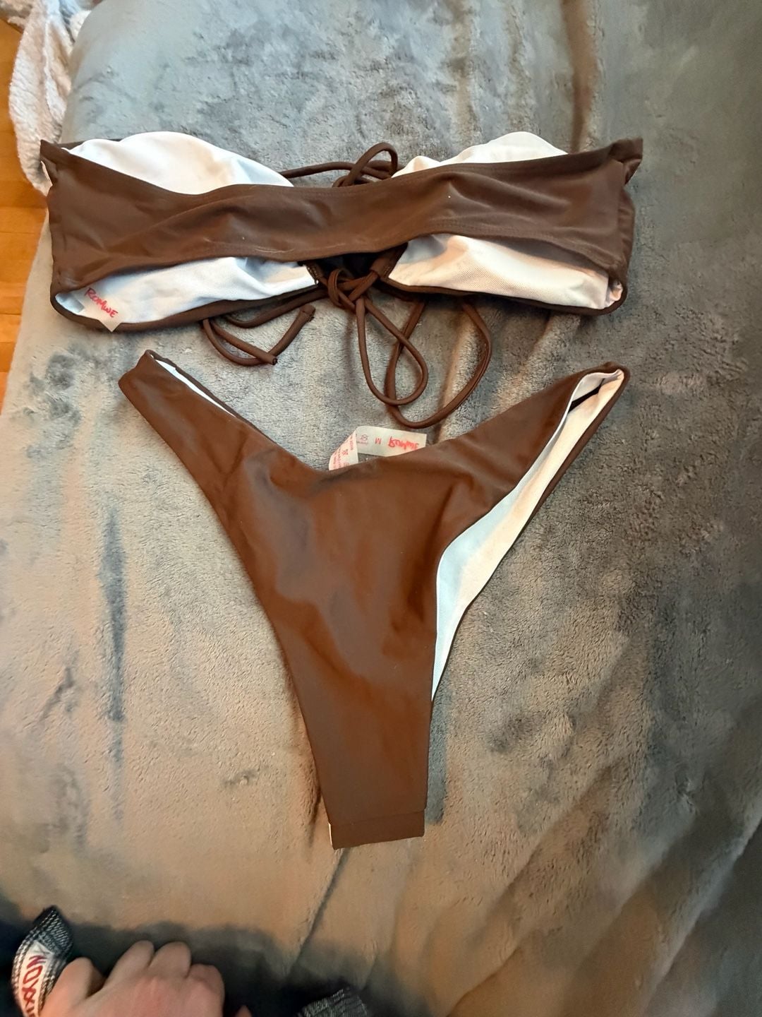 Romwe Women's Brown Strapless Bandeau Lace Up High Cut Bikini Set 5